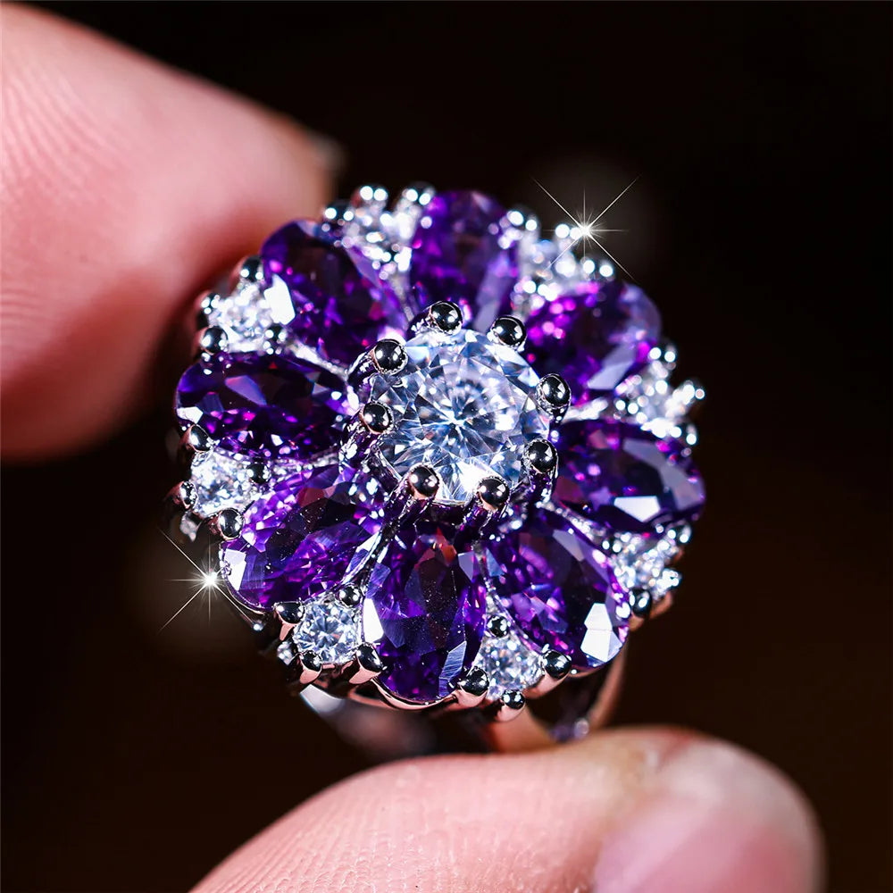 Bague de fiançailles de luxe en cristal violet pour femmes, fleur de soleil, Vintage, couleur argent, bijoux de mariage pour femmes