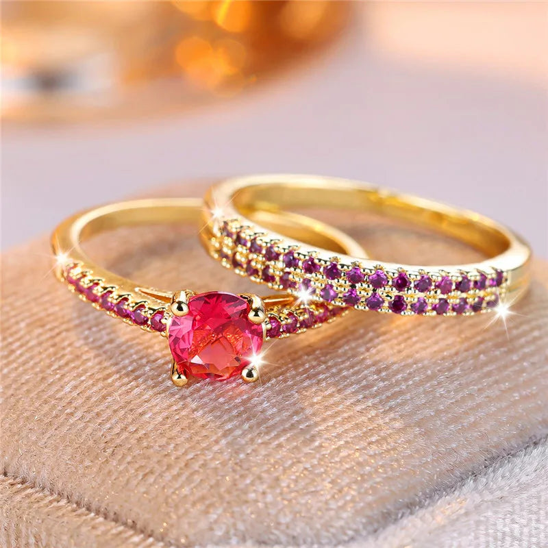 Ensemble de bagues de fiançailles rondes en pierre de Zircon vert cristal pour femmes, bijoux de mariage de luxe couleur or jaune pour femmes