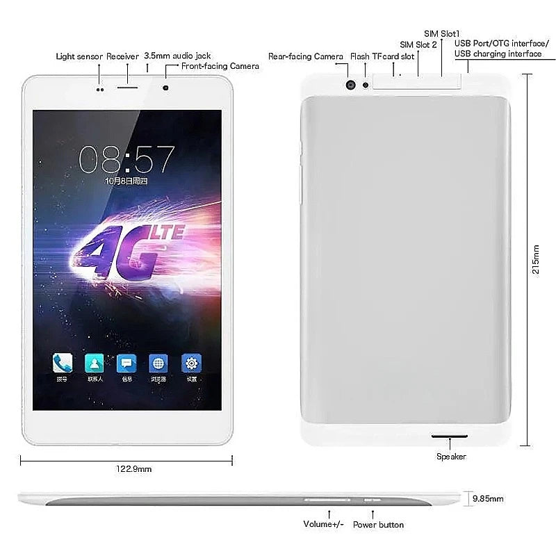 Tablette Android 6.0 8 pouces T8 3G/4G appel téléphonique 1920x1200 Pixels MTK8783 octa-core 2GB RAM 16GB ROM prise en charge GPS double carte SIM