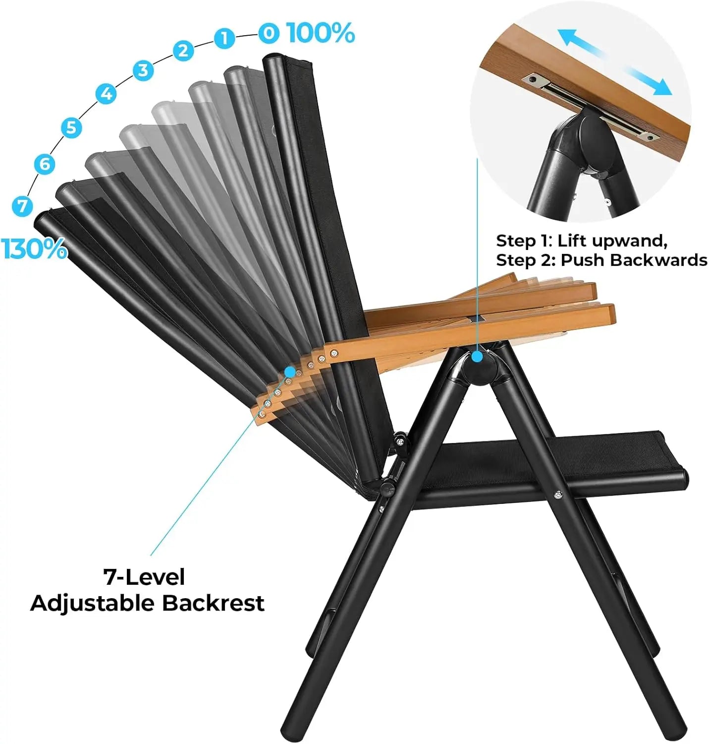 Table de jardin réglable en aluminium avec dossier haut, 2 chaises pliantes, 7 plis, ensemble de sièges de balcon, meubles de jardin, 3 pièces