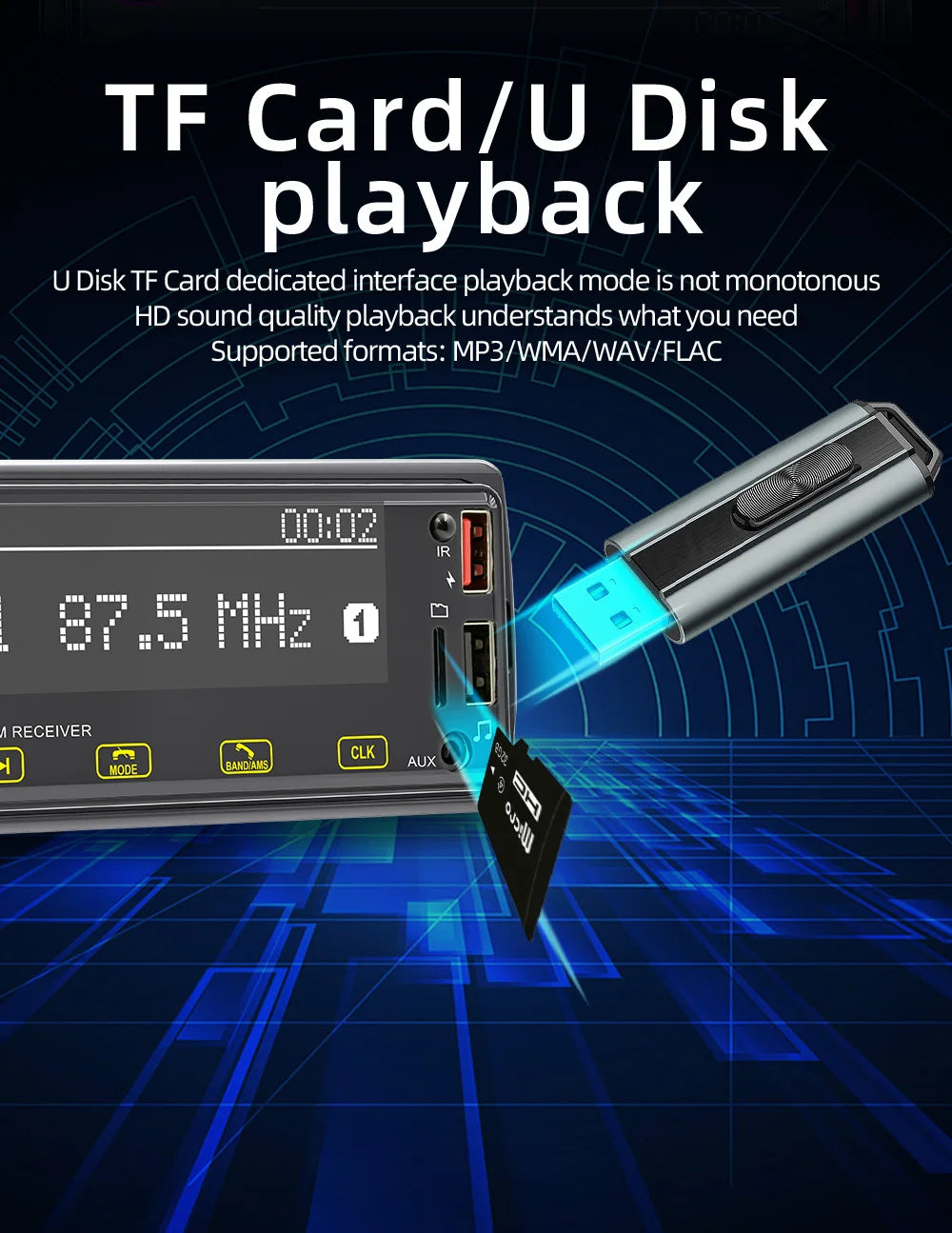 Autoradio BQCC 1DIN MP3 avec Radio DAB – Écran Tactile 2,5", Audio Puissant et Multi-Formats
