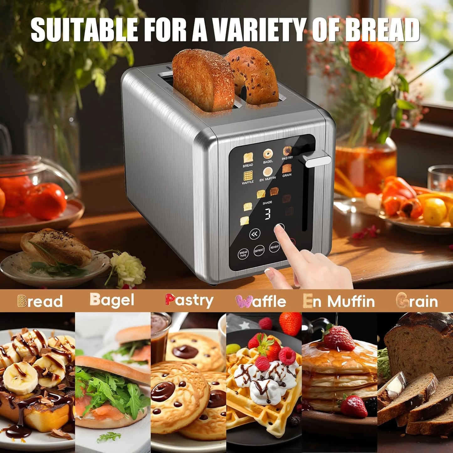 Grille-Pain BAIHUAN KST075AE – Acier Inoxydable, 2 Tranches, Minuterie Digitale