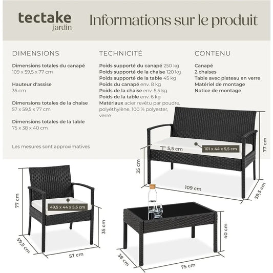 Ensemble de meubles de jardin d'extérieur, canapé 2 places, 2 chaises longues et 1 Table de jardin, meubles de jardin pour balcon et terrasse