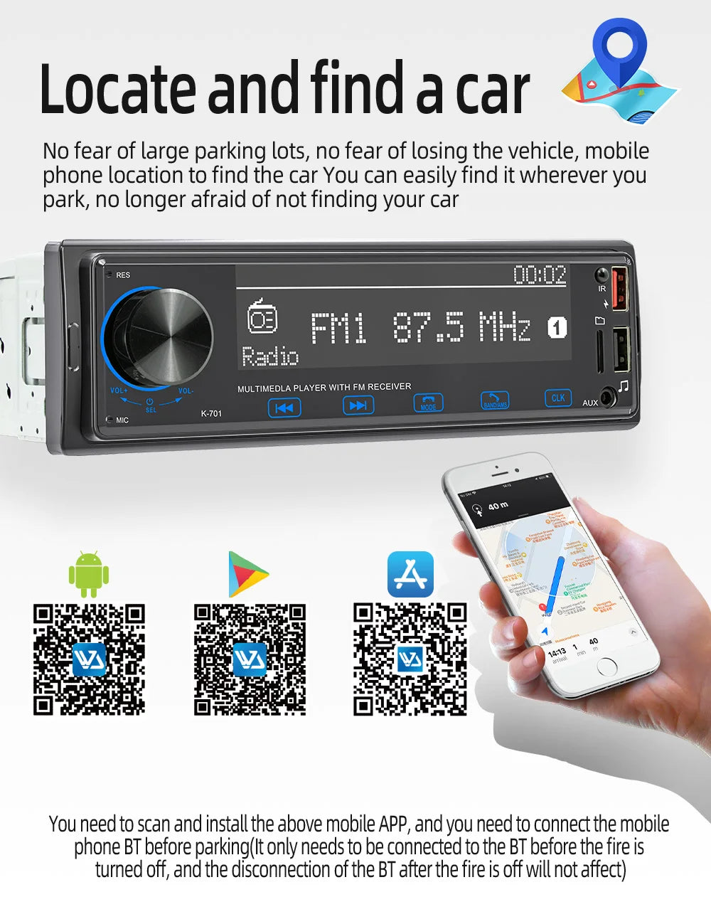 Autoradio BQCC 1DIN MP3 avec Radio DAB – Écran Tactile 2,5", Audio Puissant et Multi-Formats