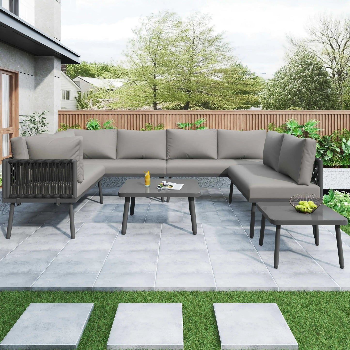 Canapé d'angle extérieur résistant aux intempéries, mobilier de patio extérieur, dormez 8, avec 2 tables et 4 sièges d'amour, coussins inclus
