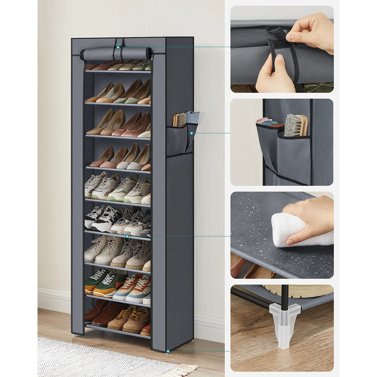 Meuble à Chaussures SONGMICS – 10 Niveaux, Tissu Gris et Cadre Métal, Grande Capacité 27 Paires