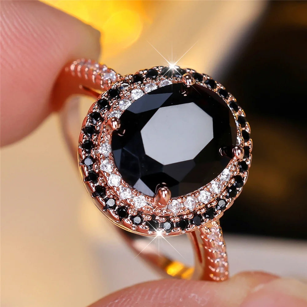 Bagues ovales de luxe en pierre de Zircon noir pour femmes, Vintage, couleur argent, bracelet de mariage, bijoux de mariée, cadeau de fiançailles