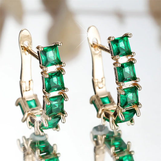 Boucles d'oreilles de luxe en cristal vert Zircon pour femmes, cerceau carré en pierre, Vintage, couleur or, boucle d'oreille, bijoux de mariage, cadeaux polyvalents