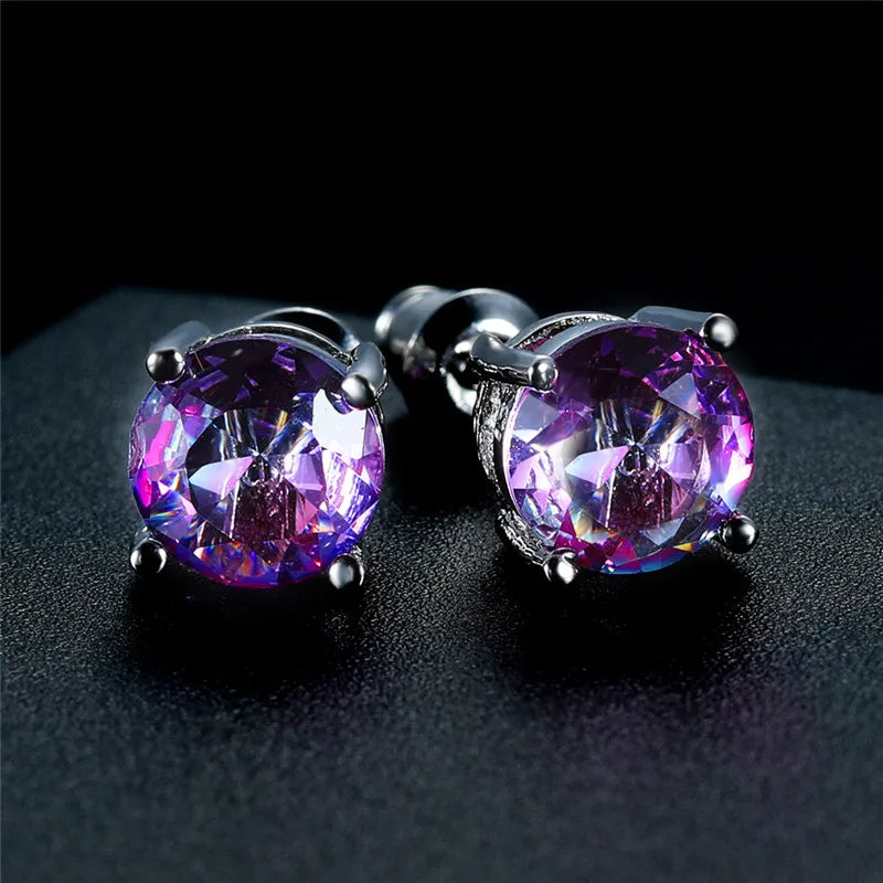 Boucles d'oreilles rondes en cristal rouge vert pour femmes et hommes, bijoux de mariage, arc-en-ciel mystique, feu, bleu, vert, Zircon, Double boucles d'oreilles