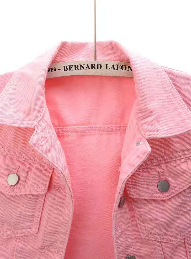 Veste en Jean pour femmes, hauts de couleur rose, couleur unie, courte, multicolore