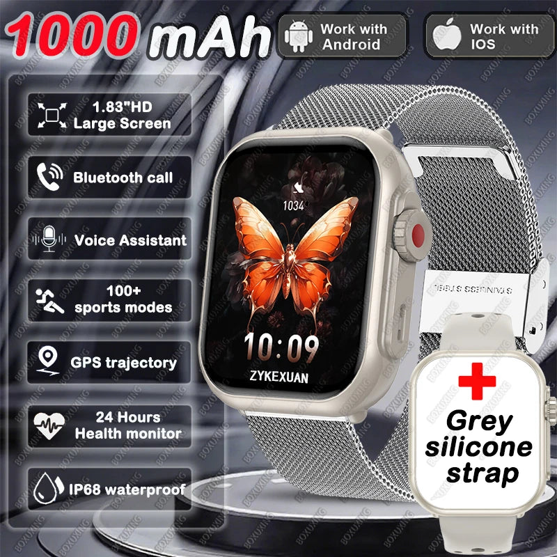 Montre Intelligente BOXUXING 2025 – Écran 1,85", Santé et Sport, Assistant Vocal
