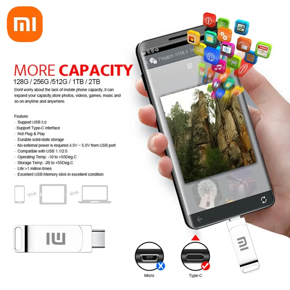 Xiaomi Flash Drives 2 To Usb 3.2 métal haute vitesse 1 To 512 Go bâton étanche SSD stockage PC téléphone transfert de données Portable