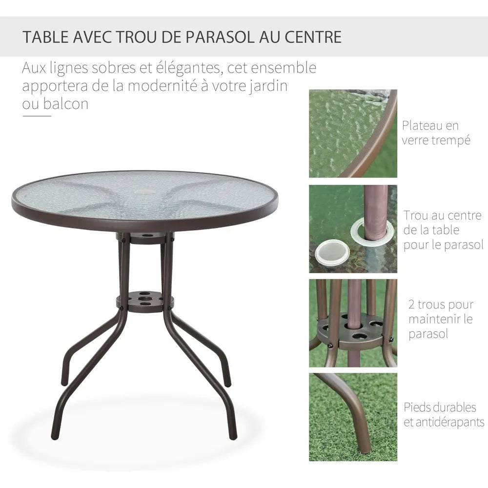 Ensemble de meubles de jardin 6 pièces, table ronde + 4 chaises pliantes + parasol, café en acier époxy textilène polyester beige