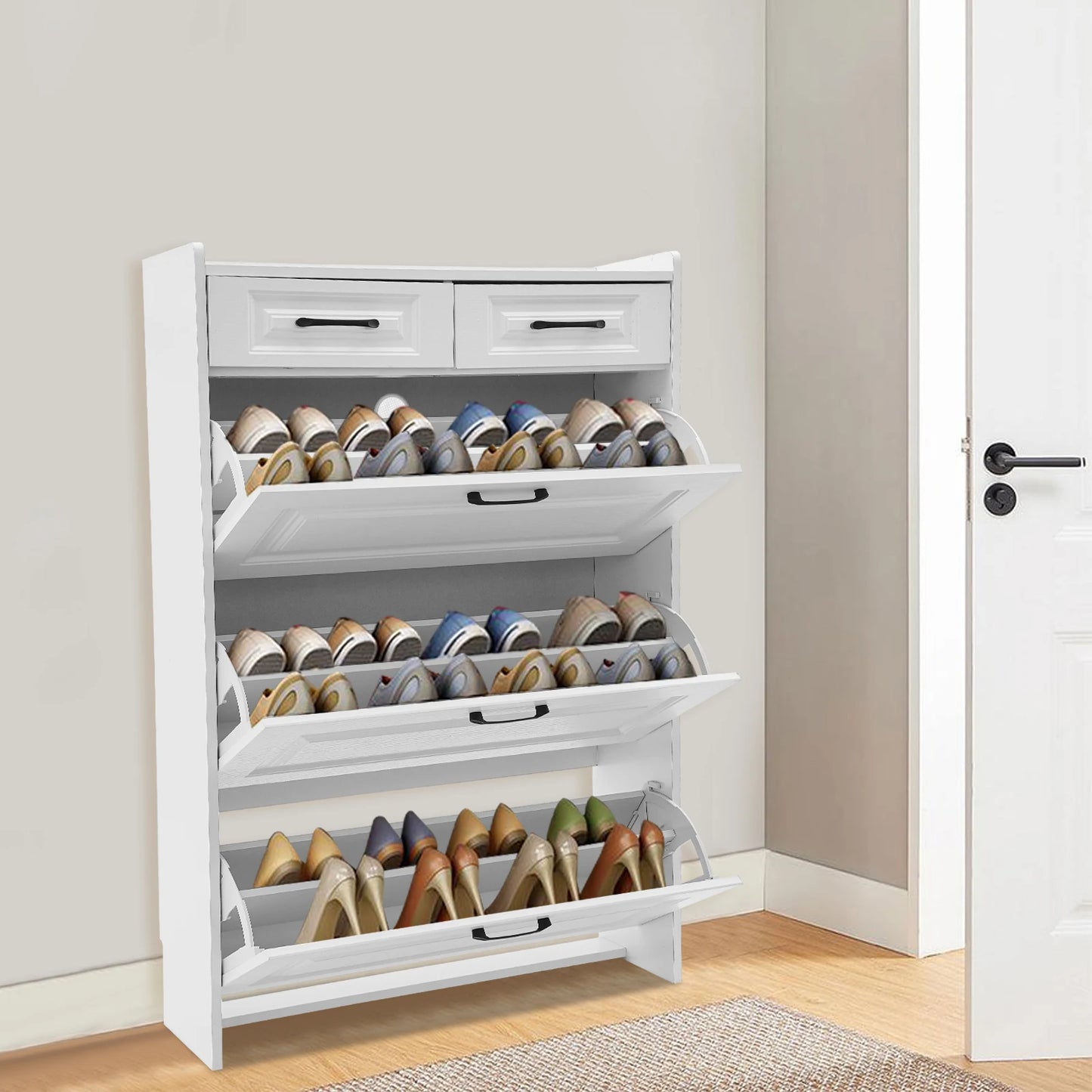 Armoire à chaussures Armoire à chaussures blanche étroite pour 18 paires de chaussures réglables avec 2 tiroirs pour couloir d'entrée blanc