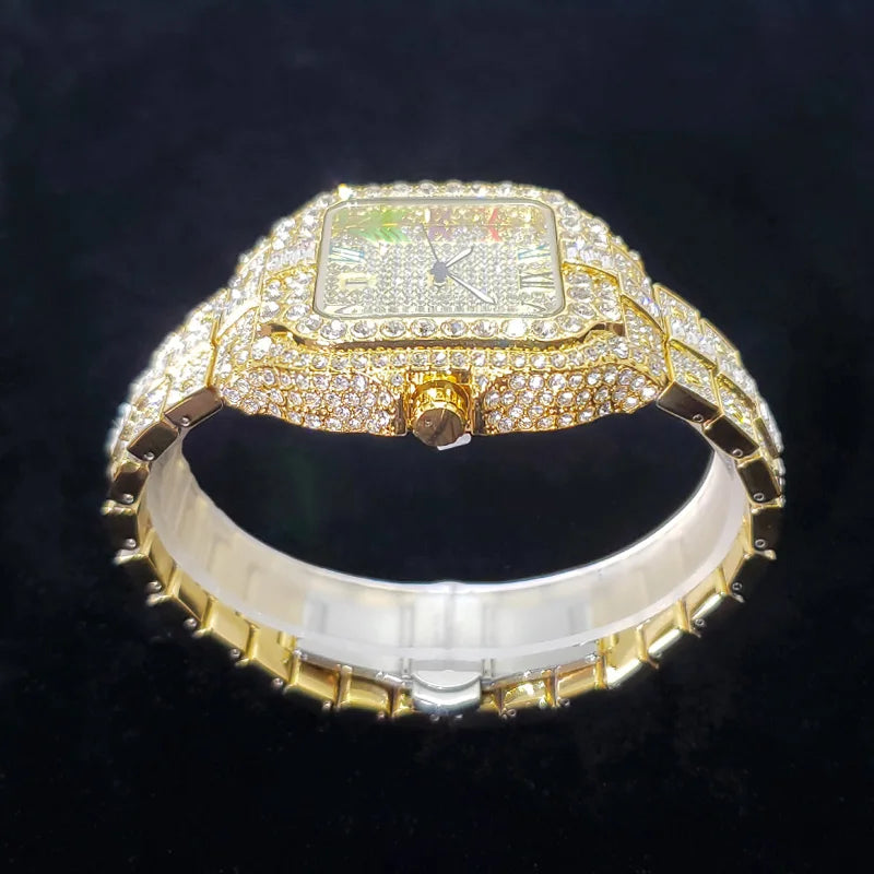 Montre en diamant de luxe pour hommes, montres numérotées colorées carrées glacées, bijoux Hip Hop Bling, Reloj zones bre pour la fête, nouvelle mode, 2025
