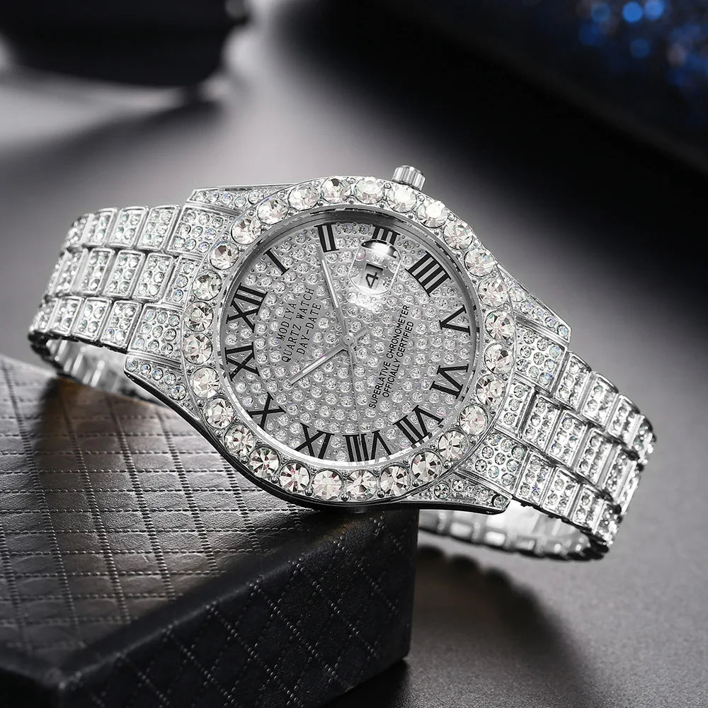 Hip Hop glacé hommes montre pleine AAA strass autour de luxe montres à Quartz horloge ronde unisexe montre-bracelet cadeau pour petit ami