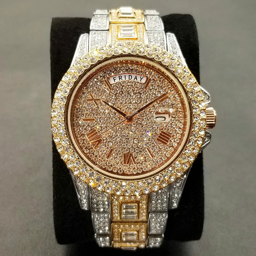 TikTok montre-bracelet en diamant pour hommes de luxe plaqué or 18 carats montres à quartz jour Date discothèque montre de fête unisexe rappeur bijoux