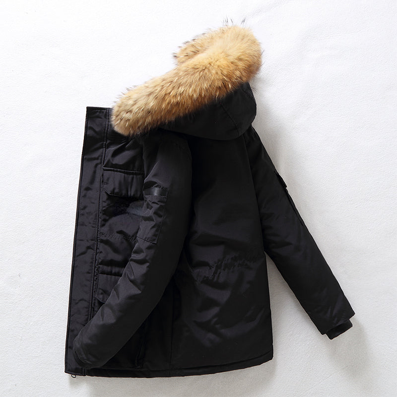 Doudoune de Luxe Homme – Longue, Chaude et Légère, Col en Fourrure Amovible, Hiver