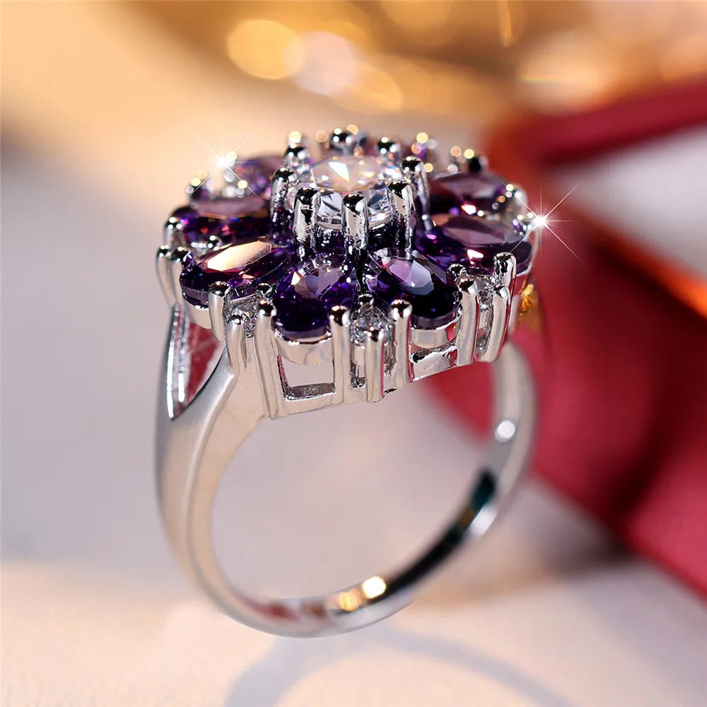 Bague de fiançailles de luxe en cristal violet pour femmes, fleur de soleil, Vintage, couleur argent, bijoux de mariage pour femmes