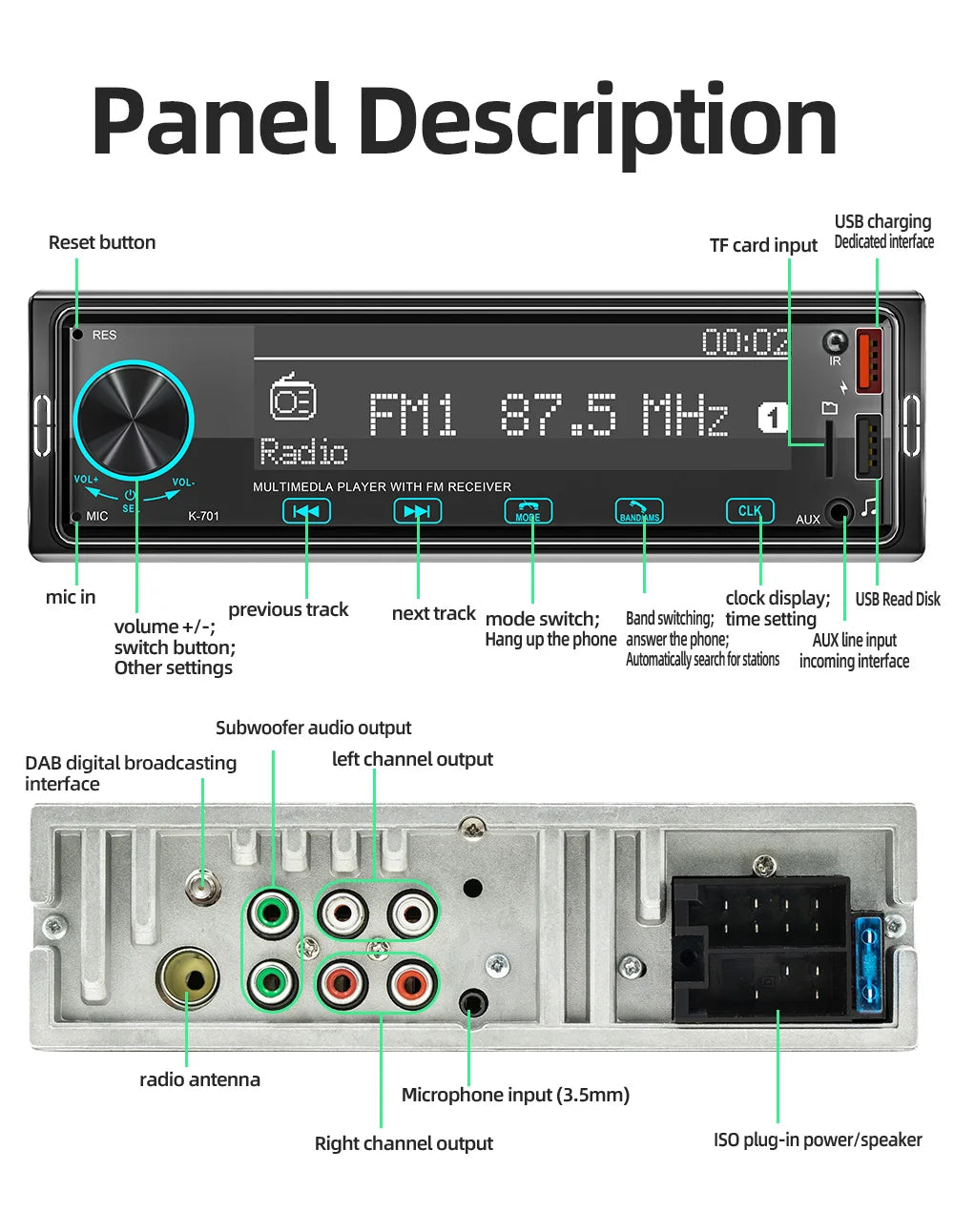 Autoradio BQCC 1DIN MP3 avec Radio DAB – Écran Tactile 2,5", Audio Puissant et Multi-Formats