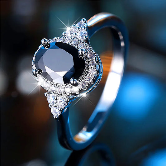 Bague de fiançailles en pierre de Zircon ovale noir pour femme, mignon, tendance, couleur argent, bijoux de mariée, cadeau pour femmes