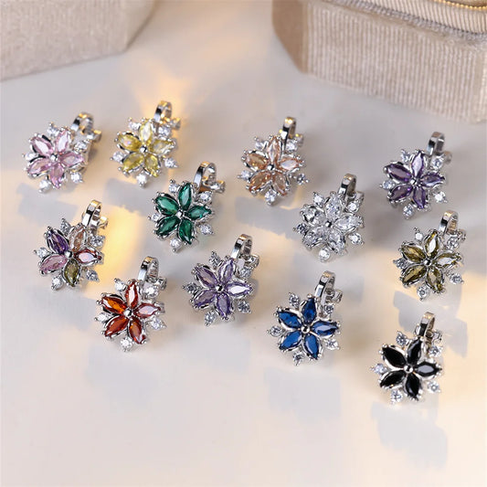 Boucles d'oreilles en Zircon arc-en-ciel pour femmes, jolie fleur, multicolore, cristal Sakura, Clip, Vintage, couleur argent, bijoux de mariage