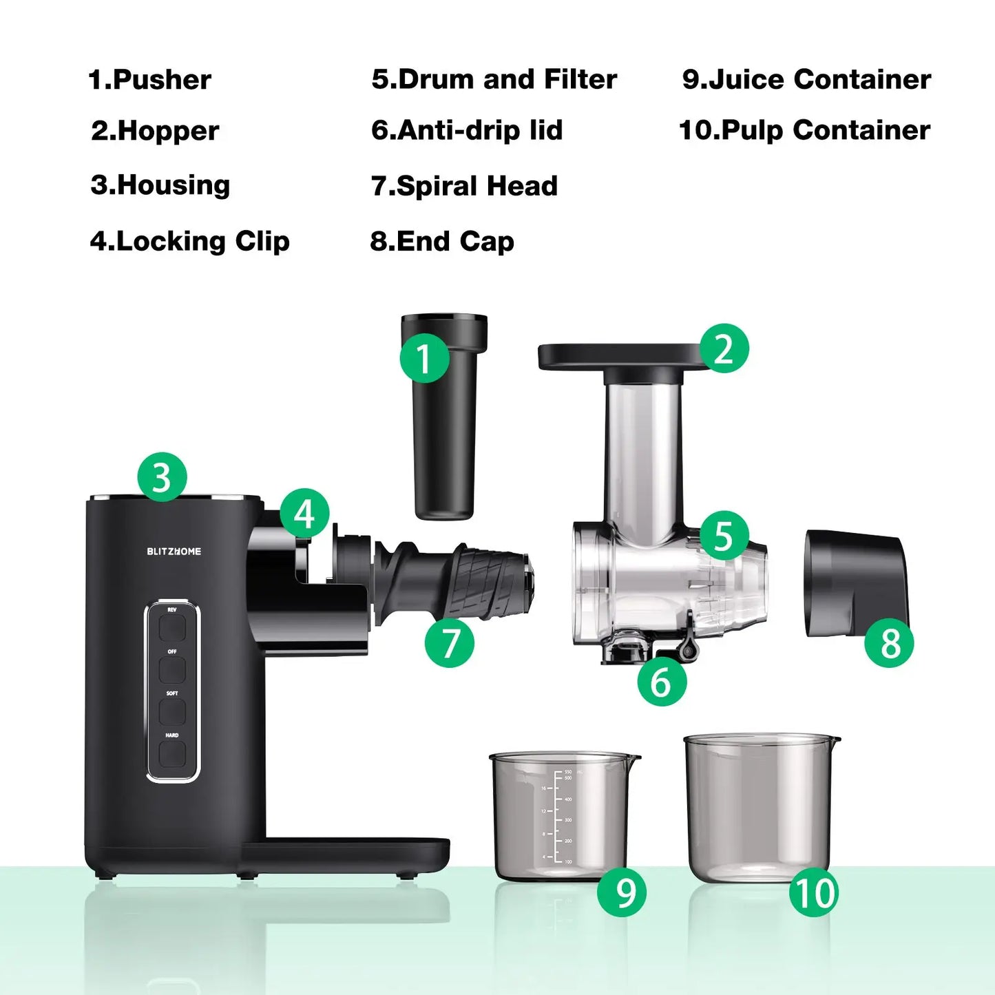Blitzhome BH-JC01 Presse-agrumes à pression froide Modes à 2 vitesses Presse-agrumes à mastication lente pour légumes et fruits avec moteur silencieux