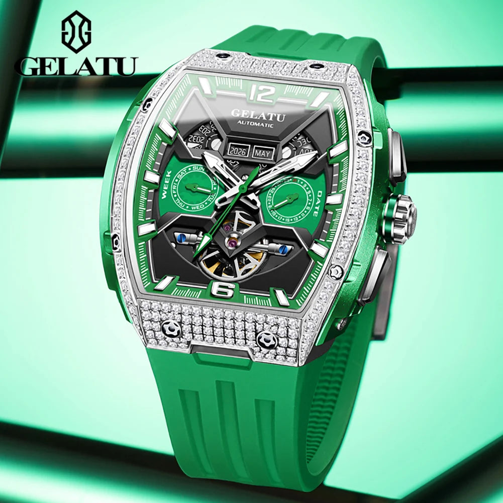 GELATU Men's Watch Hollow Out Skeleton Automatic Watch for Men Silicone Strap Dual Calendar Luxury Original Mechanical Man Watch