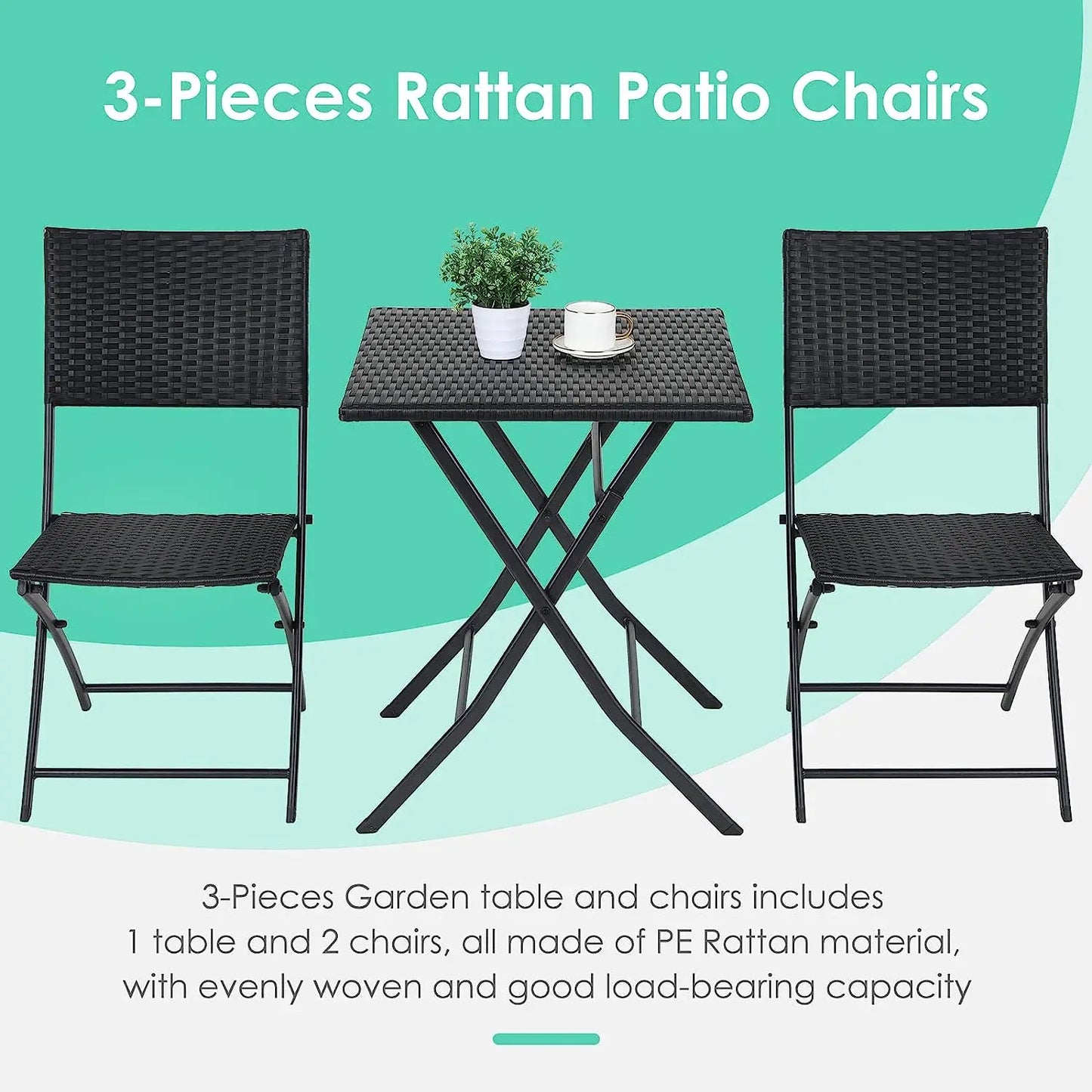 Ensemble de table pliante et 2 chaises d'extérieur, meubles pliants, chaise en rotin, table de pique-nique de camping portable, ensemble de balcon, 3 pièces