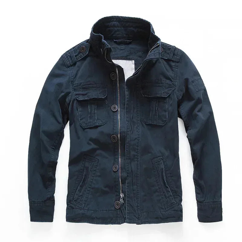 Veste militaire homme en denim – Col roulé, poches pratiques, printemps/automne