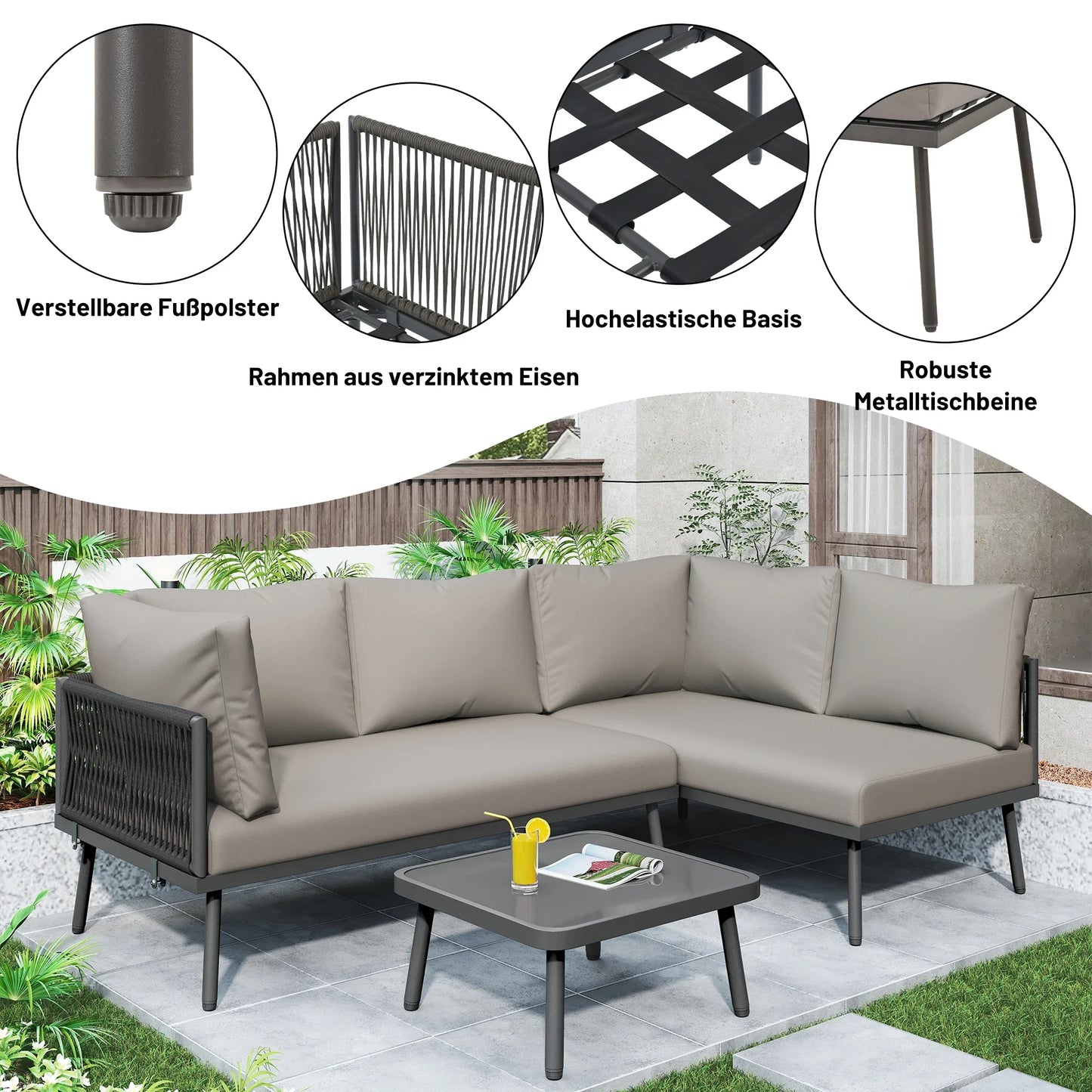 Canapé d'angle extérieur résistant aux intempéries, mobilier de patio extérieur, dormez 8, avec 2 tables et 4 sièges d'amour, coussins inclus