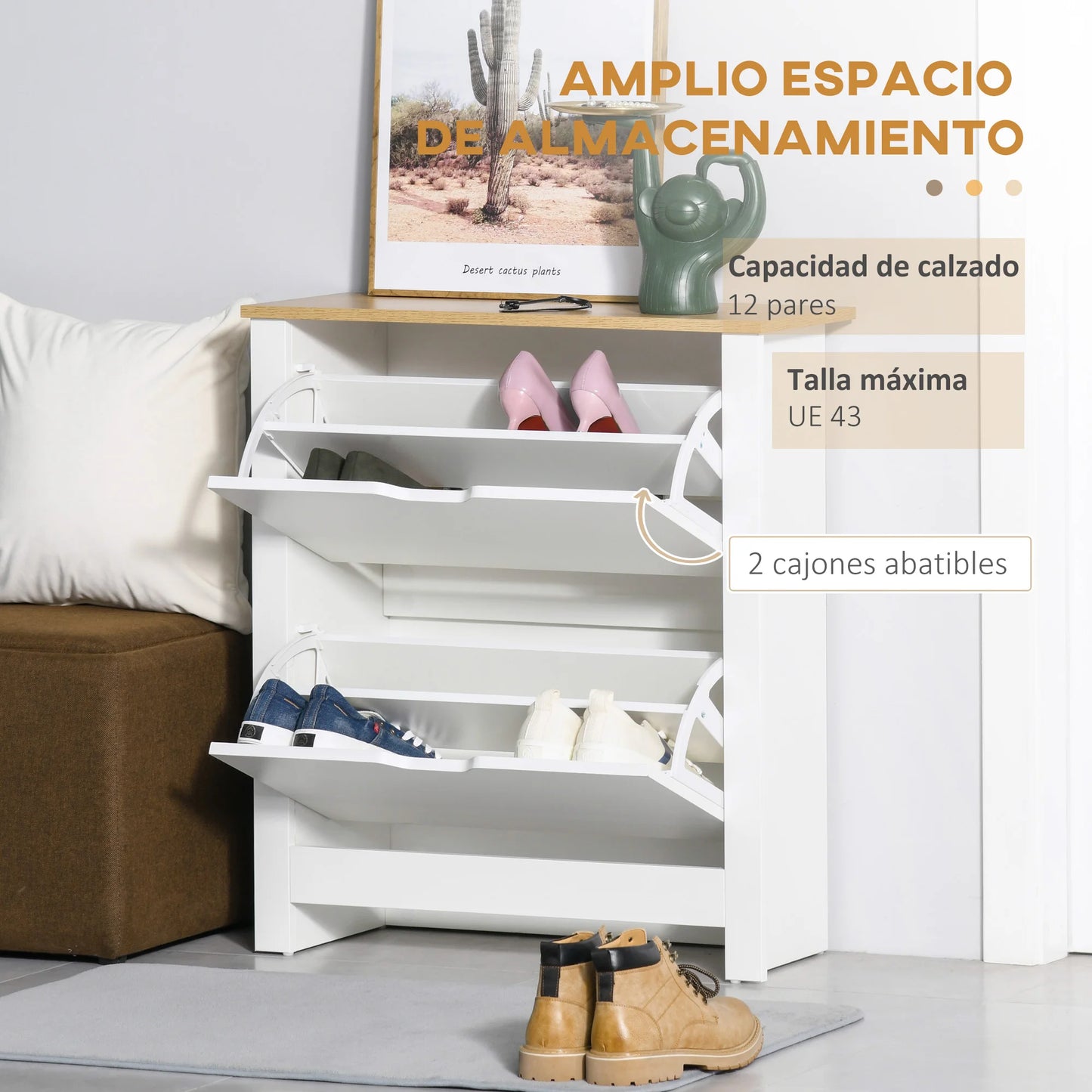 Meuble à Chaussures HOMCOM – 2 Tiroirs Pliants, 12 Paires, Bois Mélaminé Blanc 72x26x80 cm