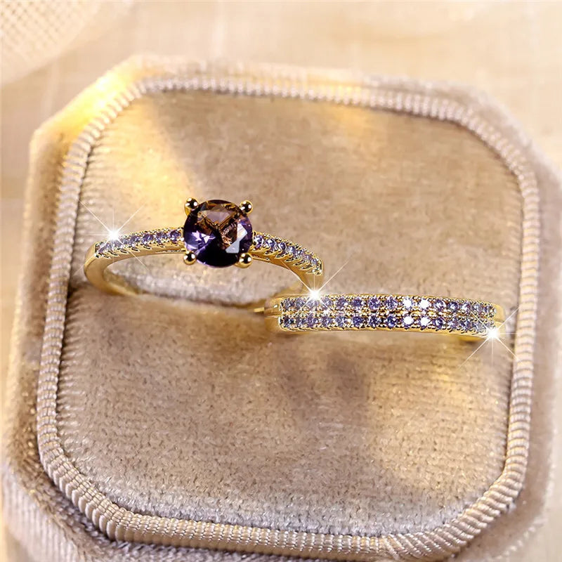 Ensemble de bagues de fiançailles rondes en pierre de Zircon vert cristal pour femmes, bijoux de mariage de luxe couleur or jaune pour femmes