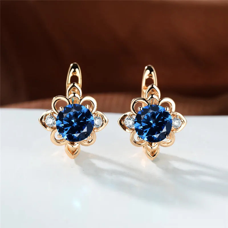 Boucles d'oreilles clip Boho Blue Stone Flower pour femme, document doré, petit cadeau de bijoux de mariage rond