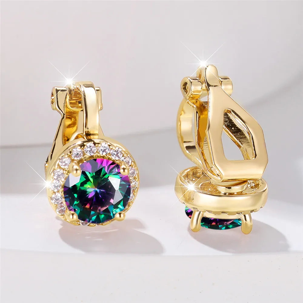 Boucles d'oreilles rondes en pierre de Zircon arc-en-ciel pour femmes, petites boucles d'oreilles à Clip, breloque couleur or jaune, bijoux de mariage pour femmes