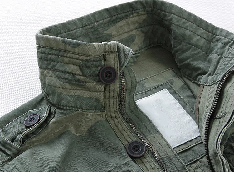 Veste militaire homme en denim – Col roulé, poches pratiques, printemps/automne