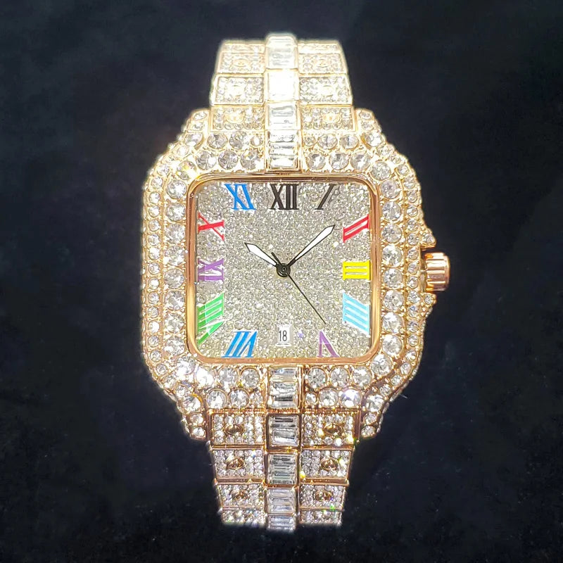 Montre en diamant de luxe pour hommes, montres numérotées colorées carrées glacées, bijoux Hip Hop Bling, Reloj zones bre pour la fête, nouvelle mode, 2025