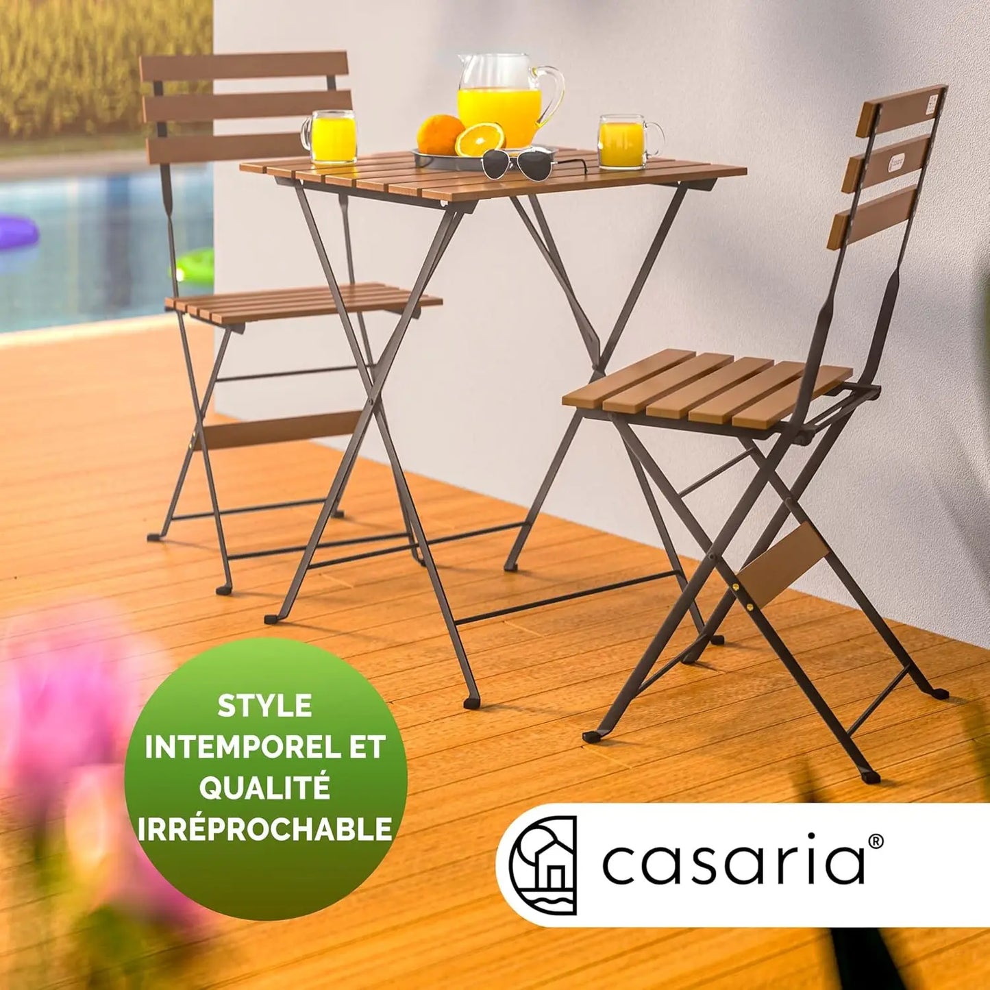 Ensemble de meubles de balcon, 1 table et 2 chaises pliantes en bois d'acacia pour l'extérieur, ensemble de meubles de patio de jardin