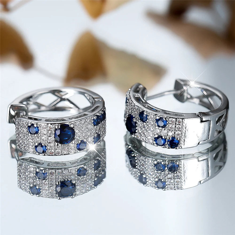 Boucles d'oreilles rondes en pierre de Zircon blanc et bleu pour femmes, bijoux de mariage couleur or à la mode