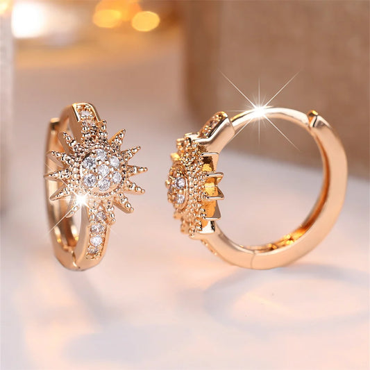 Boucles d'oreilles rondes en pierre de tournesol pour femmes, Zircon blanc, Vintage, couleur or, fleur, boucle d'oreille, bijoux de mariage, cadeaux polyvalents