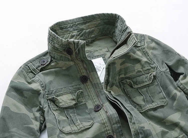 Veste militaire homme en denim – Col roulé, poches pratiques, printemps/automne