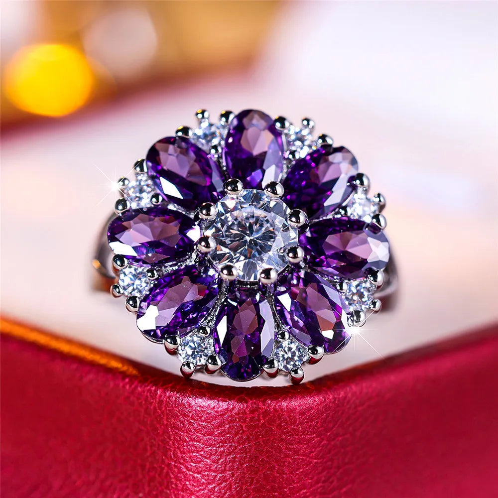 Bague de fiançailles de luxe en cristal violet pour femmes, fleur de soleil, Vintage, couleur argent, bijoux de mariage pour femmes