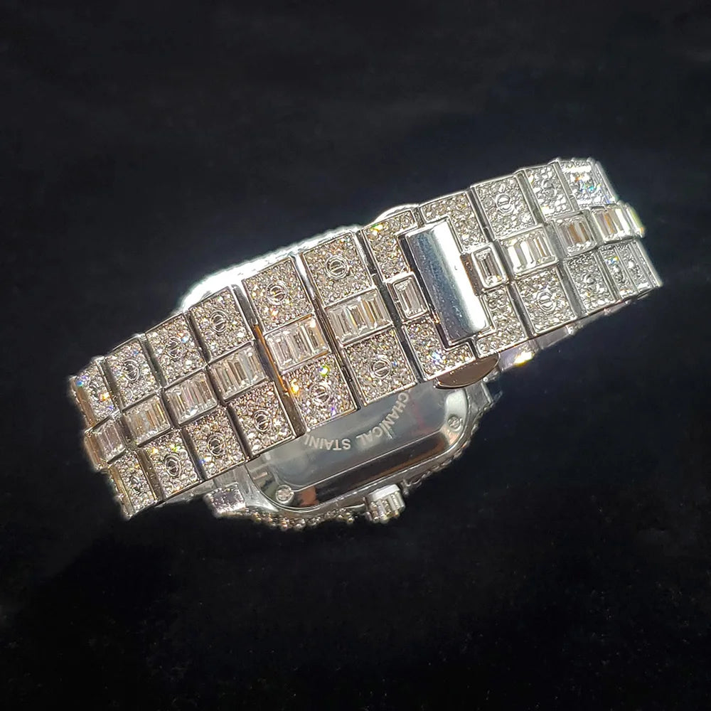 Montre de luxe en diamant pour hommes, Style Hip Hop, scintillante, glacée, mode carrée, en acier inoxydable, étanche, horloge 2024