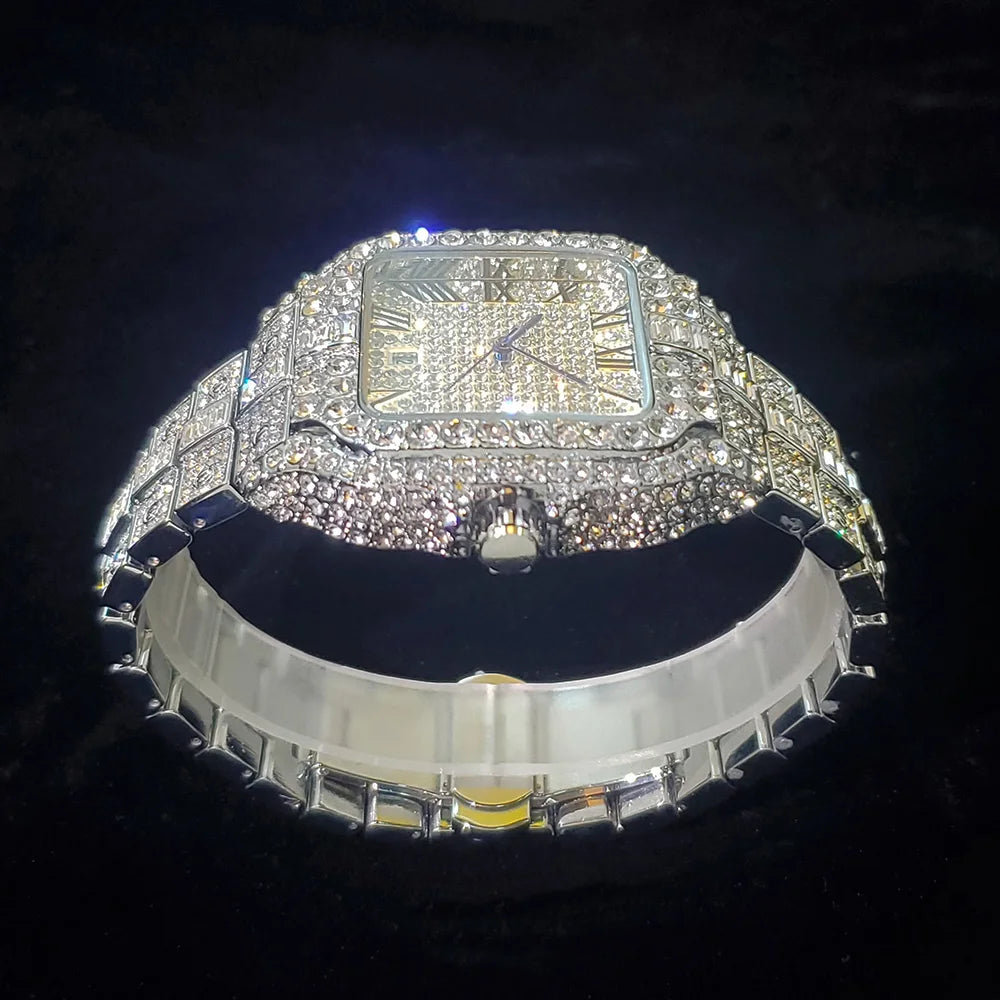 Montre de luxe en diamant pour hommes, Style Hip Hop, scintillante, glacée, mode carrée, en acier inoxydable, étanche, horloge 2024