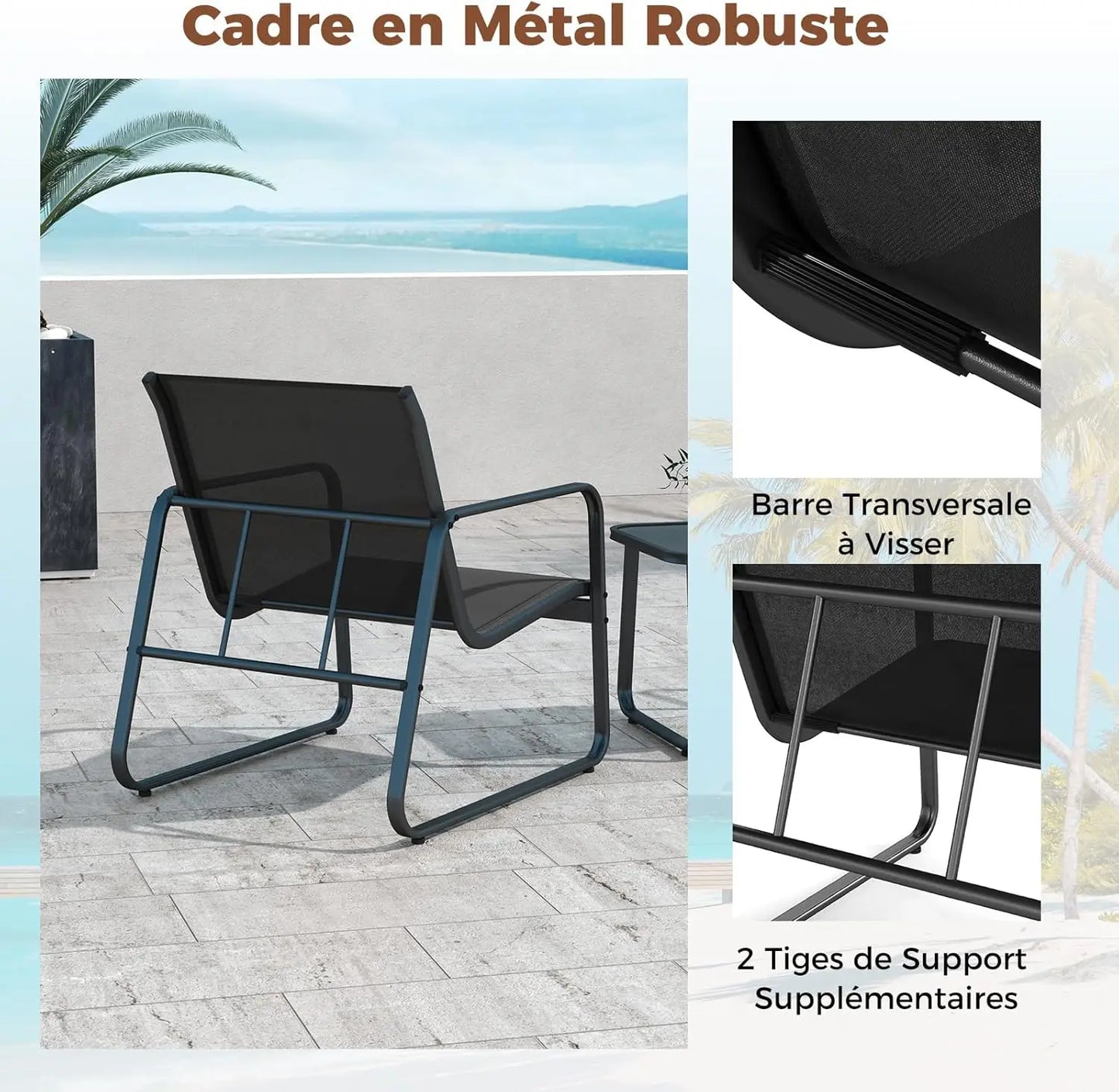 Ensemble de meubles de jardin pour 2 personnes, 3 tables basses avec 2 fauteuils de jardin, salon bistro avec structure en métal, pour jardin, balcon