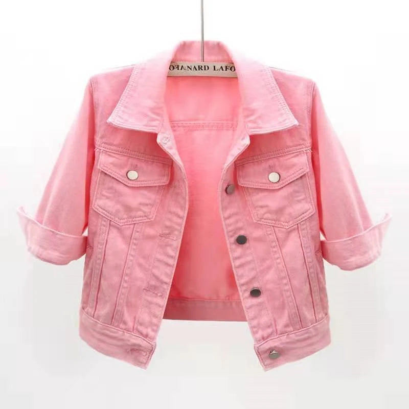 Veste en Jean pour femmes, hauts de couleur rose, couleur unie, courte, multicolore