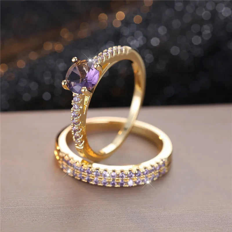 Ensemble de bagues de fiançailles rondes en pierre de Zircon vert cristal pour femmes, bijoux de mariage de luxe couleur or jaune pour femmes