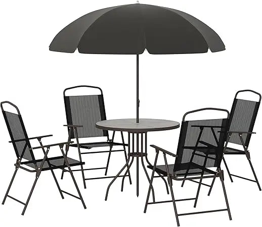 Ensemble de meubles de jardin 6 pièces, table ronde + 4 chaises pliantes + parasol, café en acier époxy textilène polyester beige