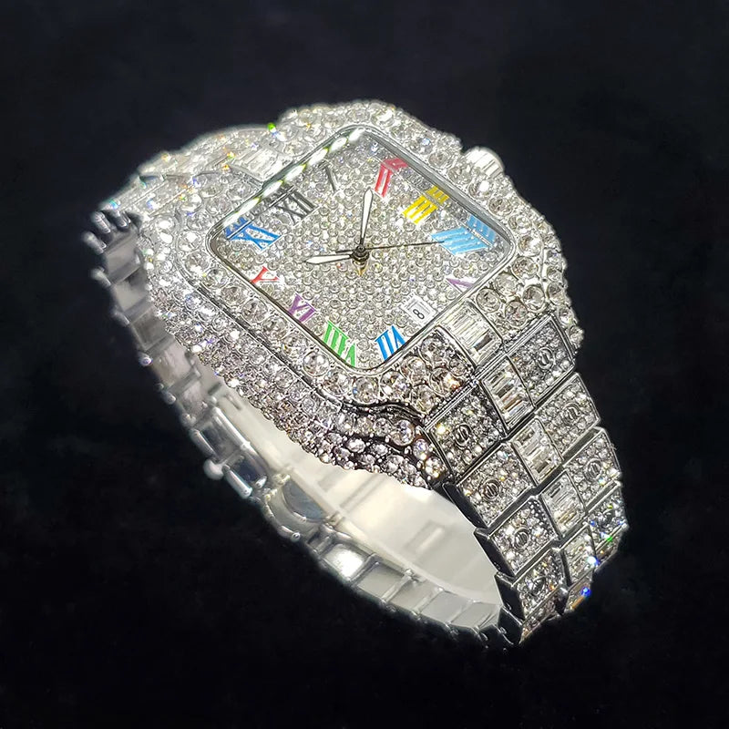 Montre en diamant de luxe pour hommes, montres numérotées colorées carrées glacées, bijoux Hip Hop Bling, Reloj zones bre pour la fête, nouvelle mode, 2025