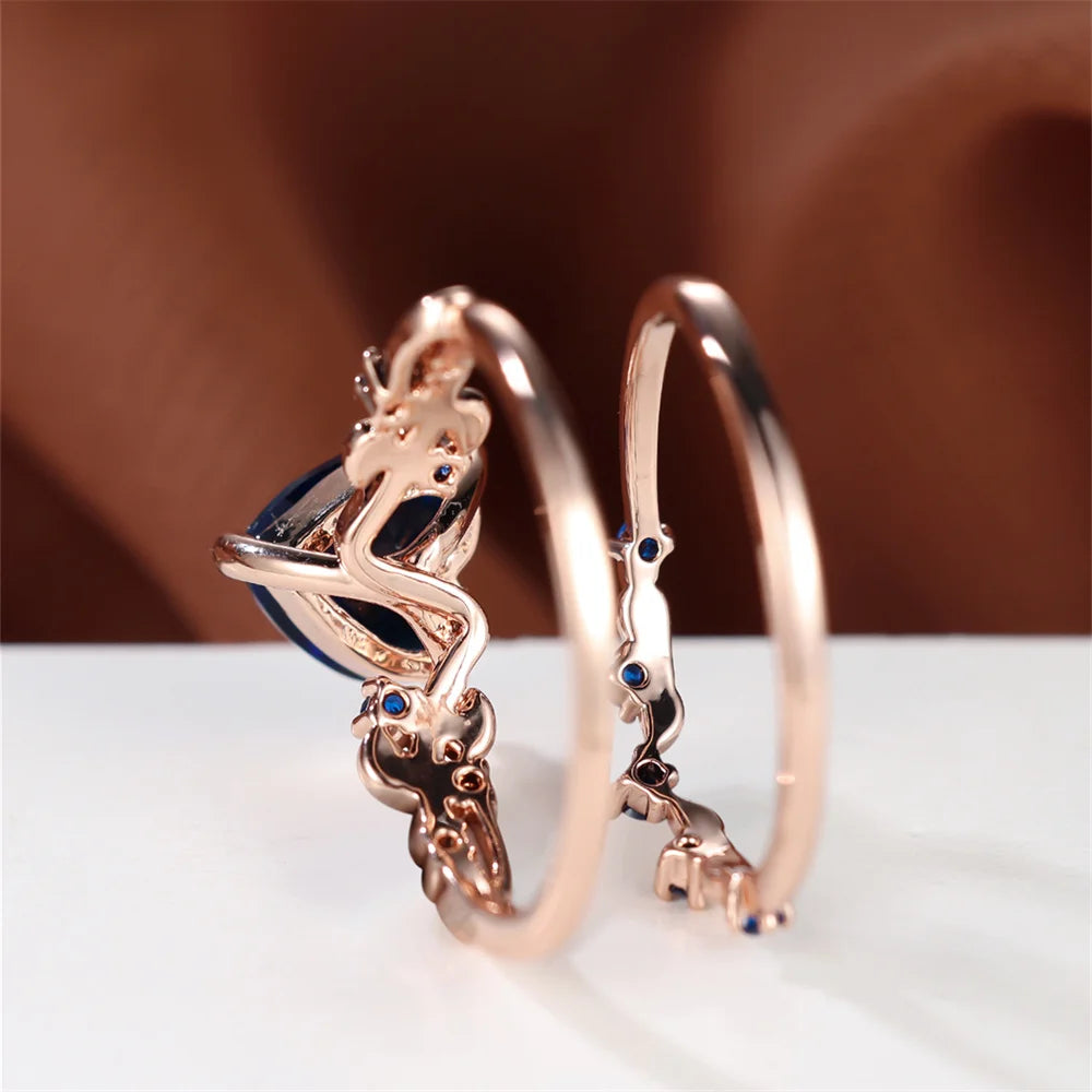 Ensemble de bagues en forme de cœur pour femmes, bleu Royal, vert, noir, rouge, couleur or Rose, Zircon blanc, bandes de mariage, bijoux pour la fête des mères